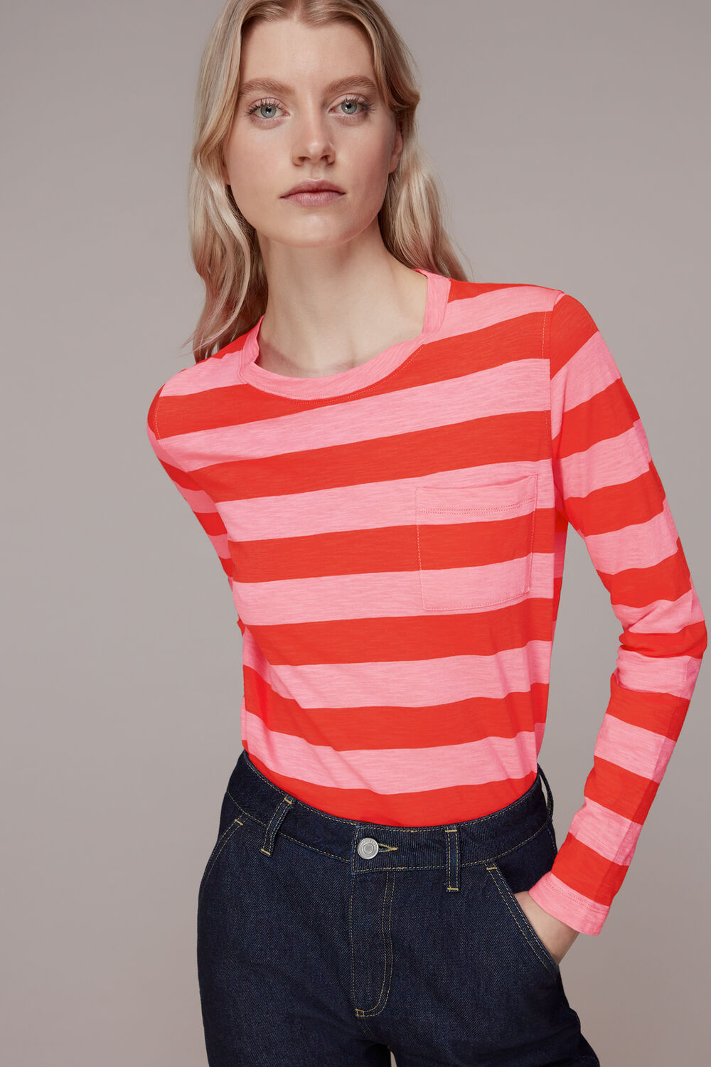 Crew Neck Stripe Pocket Top
